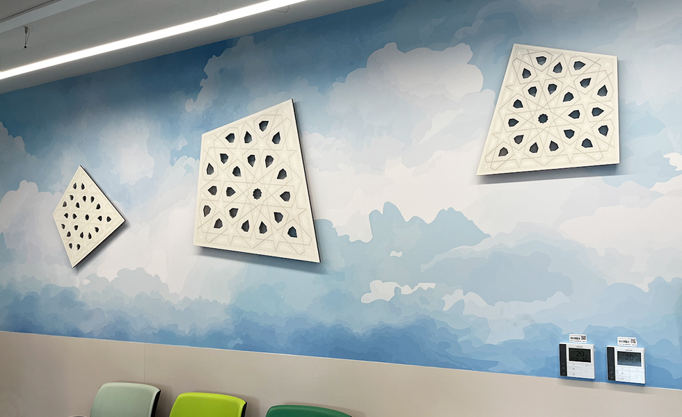 Installation view, Sky High, Sara Choudhrey, 2025. Wembley Community Diagnostic Centre, Imperial Charity Trust